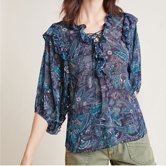 Anthropologie Flowy Teal and Navy Floral Patterned Haida Peasant Blouse NWOT - Picture 9 of 9